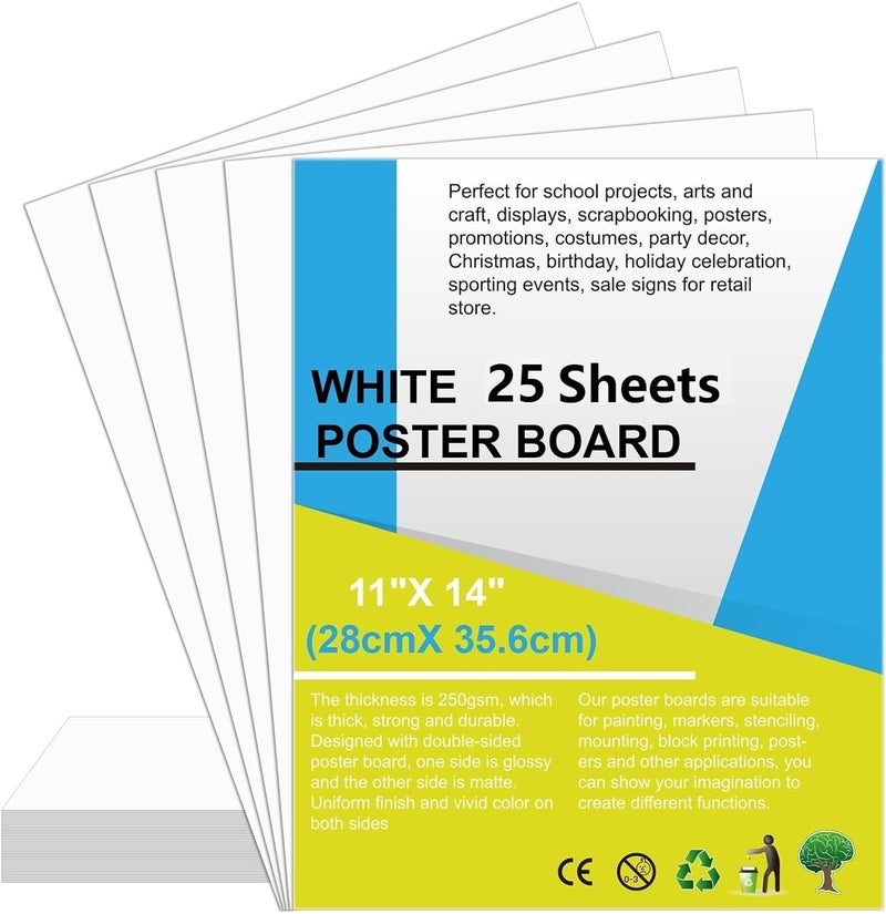rookea 25Pcs Poster Board 11" x 14" White Small Poster Board Bulk, 250Gsm Thickness Vision Boards Smart Poster Paper for School Arts Craft Projects Presentations Drawing Scrapbooking Graphic Display - Image 1